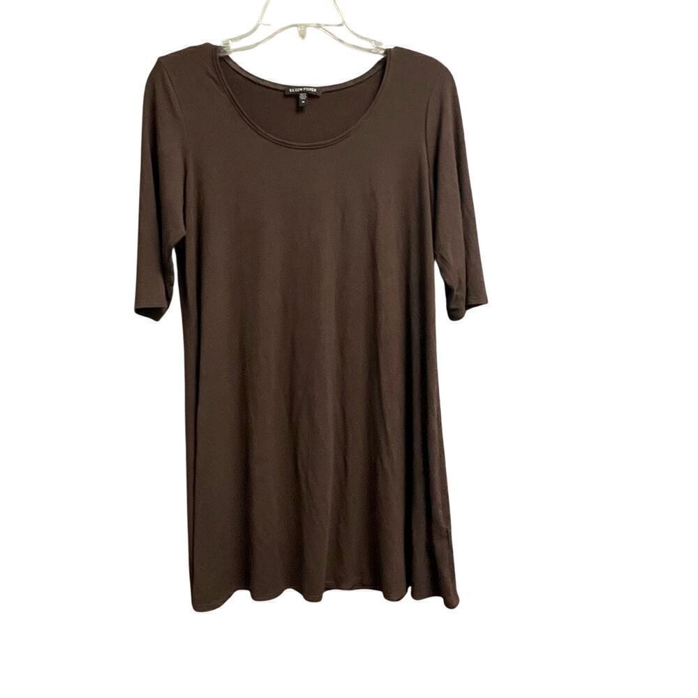 Eileen Fisher Sz Medium Brown Stetch Dress 3/4 Sleeve Casual Minimalist Capsule